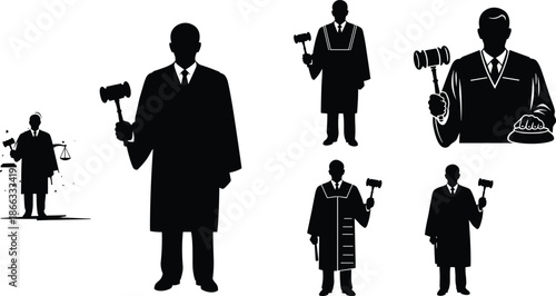 Silhouettes, judges, gavels, justice, authority, courtroom, law, legal, robe, pose, black, white, expressive, standing, confident, symbolic, judicial, character, decision, humor