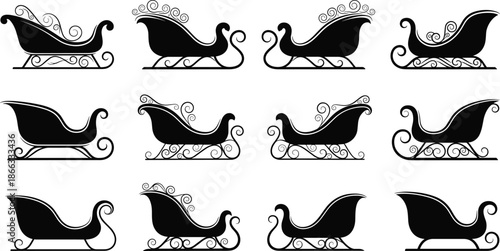 Christmas sleigh silhouette collection featuring Santa sled ornate decorative winter holiday black vector illustration set design elements festive seasonal classic