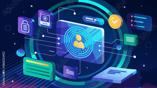 Vector of a digital ID card floating in a futuristic interface, featuring biometric thumbprint and blockchain hash codes, personal privacy concept.