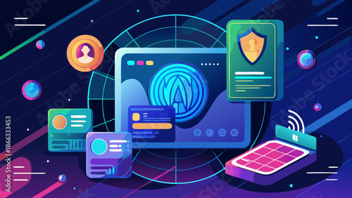 Vector of a digital ID card floating in a futuristic interface, featuring biometric thumbprint and blockchain hash codes, personal privacy concept.