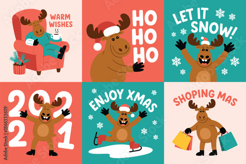 Cute cartoon reindeer holiday greeting cards collection with christmas shopping ice skating relaxing and festive cheer animal character illustration set for seasonal marketing advertising and joyful c
