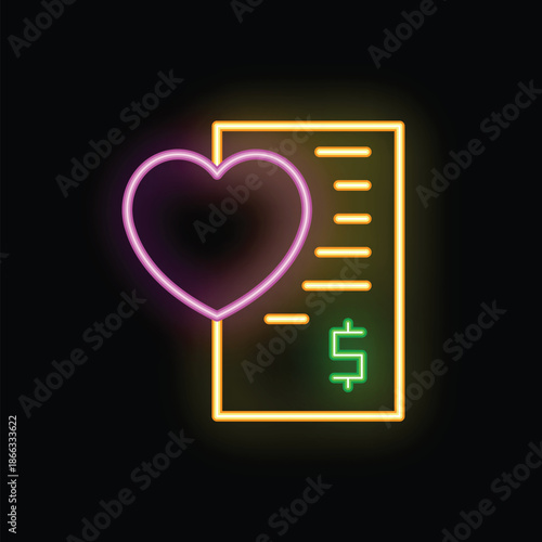 Glowing neon illustration of a pink heart overlapping a yellow bill with a green dollar sign, symbolizing the concept of charity donation