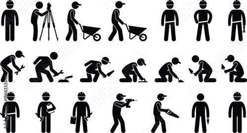 Construction worker silhouette icon set showing multiple labor activities tools and job roles isolated on white background industrial workforce illustration