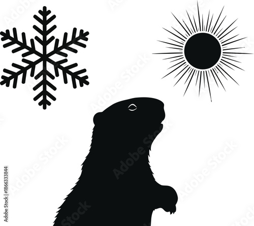 Silhouette of a groundhog looking upward between a snowflake and a sun symbol representing weather prediction