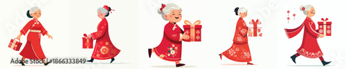vector of grandmother walking carrying Chinese New Year gift