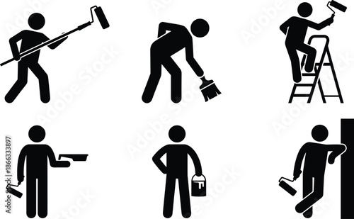 Painter worker silhouette icons showing wall painting ladder work and renovation tasks isolated on white background home improvement concept