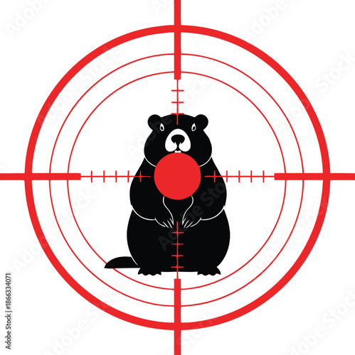 Black groundhog illustration centered within a red rifle scope reticle against a clean white background illustration