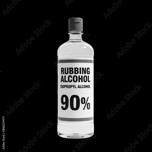 Clear plastic bottle of 90 percent rubbing alcohol with gray cap on black background isopropyl