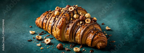 Croissant drizzled with chocolate and topped with whole hazelnuts and chocolate shavings