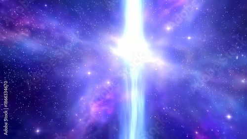 A vibrant cosmic display with a bright energy beam piercing through the starry purple nebula