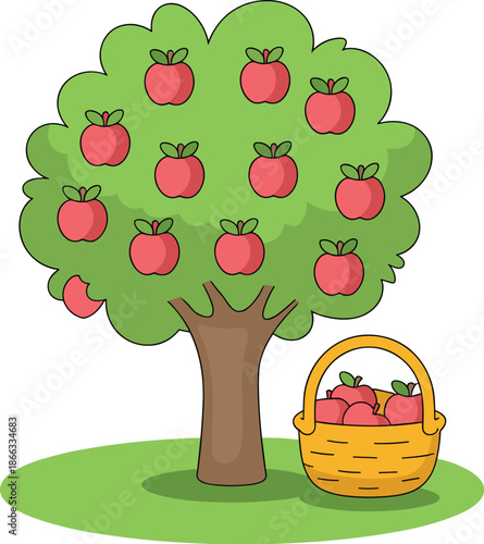 Cartoon apple tree with ripe red apples and wicker basket full of harvested fruit in orchard setting healthy eating lifestyle illustration organic farm product for children's book agriculture farming