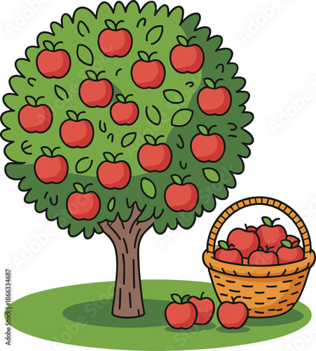 Cartoon apple tree with red ripe apples and wicker basket overflowing harvest orchard fruit illustration for children's book agriculture education agroindustry fresh produce market healthy eating conc