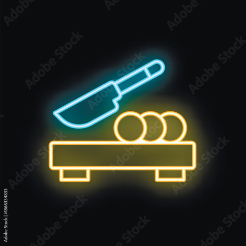 Minimalist neon icon of a knife cutting sushi rolls placed on a wooden board, glowing on a dark background
