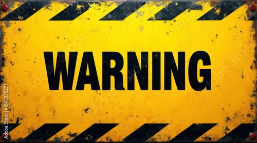 Yellow grunge “WARNING” text signboard with bold black hazard stripes and scratched metal texture, realistic caution banner template for safety poster, industrial notice, or attention alert design 