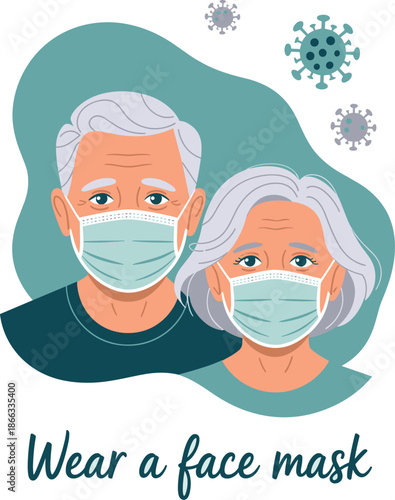 Elderly couple wearing face masks for virus protection illustration of senior man and woman in medical masks for covid prevention healthcare awareness campaign poster design pandemic safety social dis