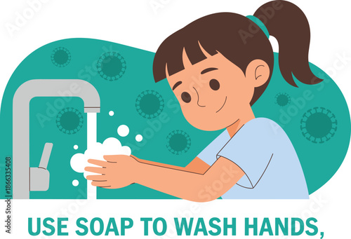 Young girl washing hands with soap under running water from faucet for hygiene and health vector illustration for preventing germs virus bacteria healthcare awareness campaign