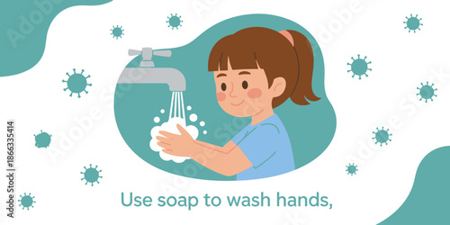 Young girl washing hands with soap under running water from faucet in bathroom for personal hygiene and disease prevention illustration for health awareness campaigns and educational materials promoti