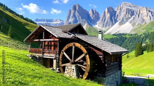 A wooden watermill sits on a verdant hillside, with a large waterwheel, majestic mountains