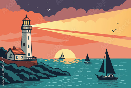 Peaceful Lighthouse Guidance Sunset