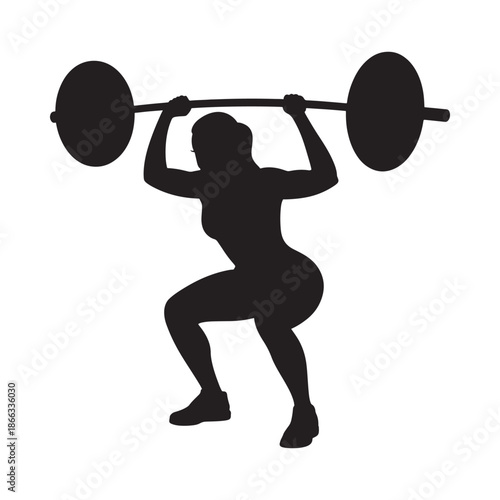 Silhouette of a woman performing a barbell overhead squat exercise
