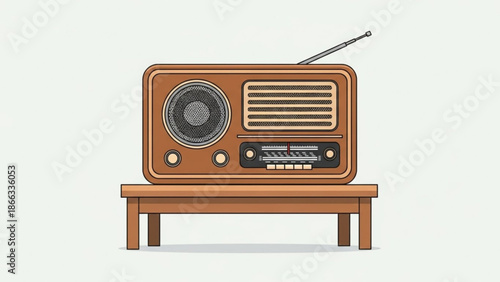 Vintage brown wooden radio with antenna on table with vintage radio and retro radio