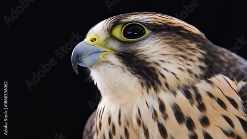 Close-up of a raptor's head, showing sharp beak, yellow eye, and speckled plumage against a black backdrop