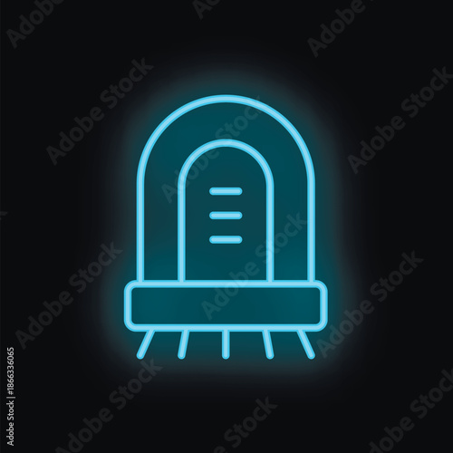 Blue neon icon of a robotic vacuum cleaner cleaning the floor