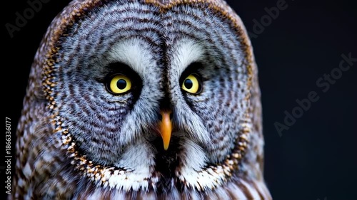 A close-up portrait of an owl with striking yellow eyes set against a deep black background