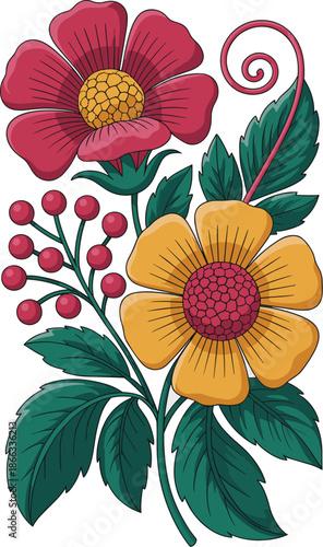 Elegant red and yellow flower arrangement illustration with berries and green leaves in cartoon style floral design for decorative element spring season nature botanical design graphic resource vibran