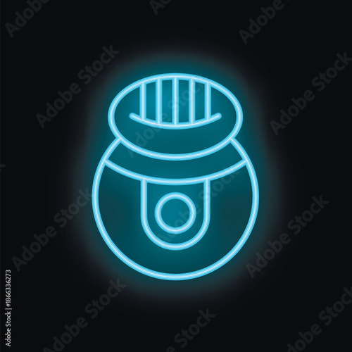 Blue neon icon of a robot cleaning machine operating on black background