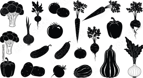 Vegetable silhouette collection featuring broccoli carrot tomato pepper onion beet pumpkin eggplant organic food black vector illustration set
