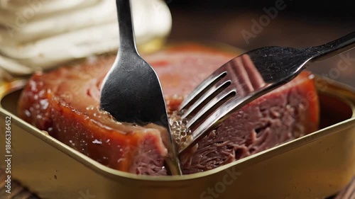 Closeup view of two forks interacting with a delicious block of cooked corned beef or luncheon meat carefully lifting a tender piece from the rectangular serving dish highlighting the savory texture .