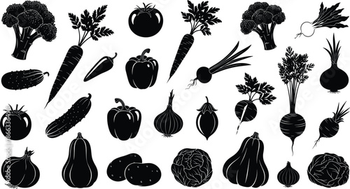 Vegetable silhouette set featuring broccoli carrot tomato pepper onion pumpkin beet organic healthy food black vector illustration collection