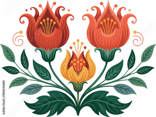 Vibrant floral vector design featuring symmetrical red and yellow flowers with stylized leaves botanical illustration for vintage patterns textile prints nature inspired backgrounds wedding invitation