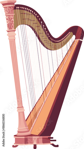 Elegant classical harp musical instrument illustration in vector style with ornate details and strings for orchestra philharmonic performance concert poster art design music education and cultural eve
