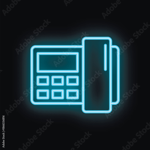 Blue neon sign of a fax machine glowing on a black background