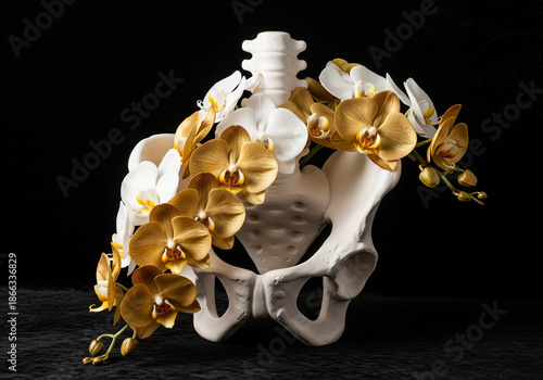 White ceramic female pelvis bone with gold orchids women health concept.
