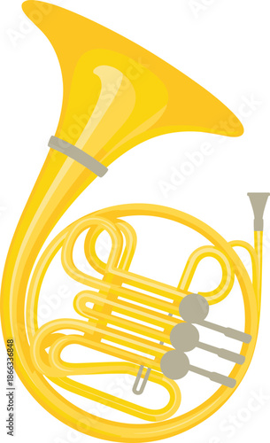 Golden French Horn Musical Instrument Illustration for Orchestral Performance and Classical Music Education Brass Instrument with Valves for Concert Band and Symphony Orchestra Isolated on White Backg