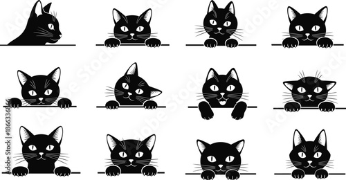 Black cat silhouette faces collection, cute kitten expressions peeking over edge, minimal animal icon set, vector illustration design white background