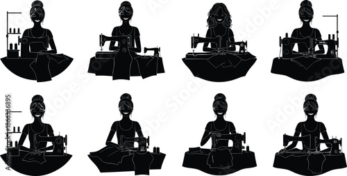 Silhouettes, women, sewing machine, textile, craft, fashion, seated, thread, fabric, labor, black, white, expressive, pose, design, handmade, tradition, creativity, needlework, workspace
