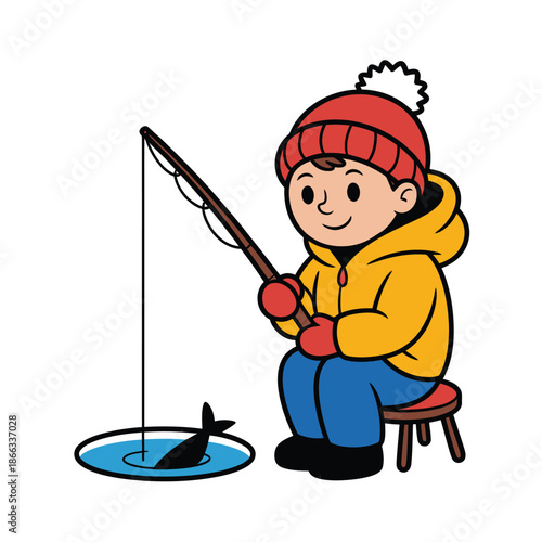 A young boy cheerfully ice fishing with a fishing rod and warm clothes