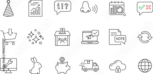 Comprehensive collection of simple black line icons representing diverse concepts including festive celebrations business growth sensory perception voting systems delivery logistics and cloud security