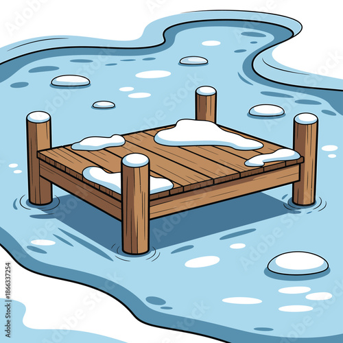 A small wooden dock sits partially submerged in icy blue water
