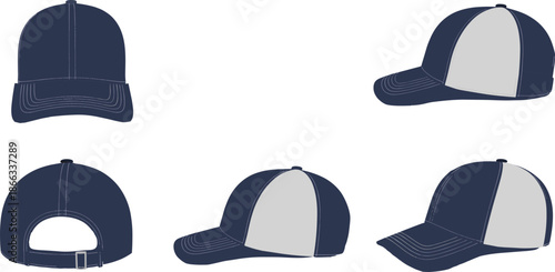 Baseball cap mockup illustration, multiple view hat design, front back side perspective angles, fashion headwear technical flat drawing
