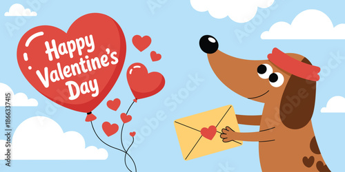Cartoon dachshund dog holding Valentines Day love letter with heart shaped balloon illustration for greeting card design happy romantic message holiday celebration cute animal character graphic backgr