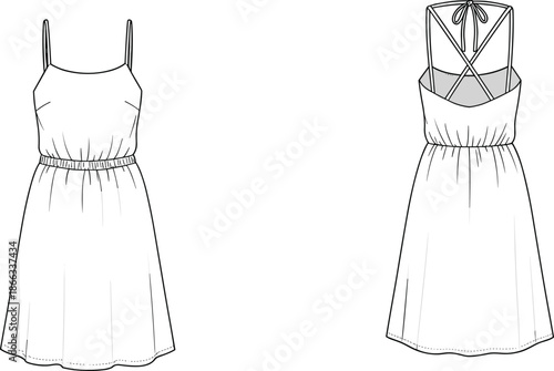 Sleeveless dress fashion sketch, front and back views, crisscross straps, tie closure, flared skirt, garment design, apparel illustration, vector
