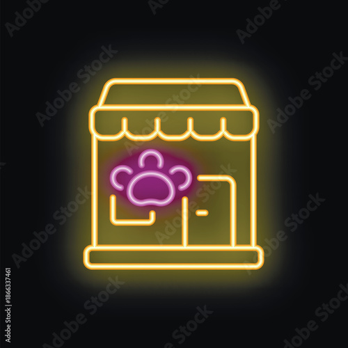 Vibrant neon sign illuminating the night, showcasing a pet shop with a paw print, inviting pet owners to explore a world of supplies and care