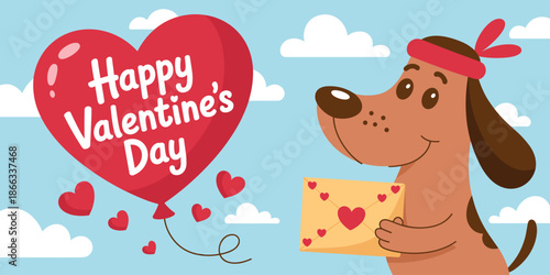 Cartoon dog holding valentines day love letter with red heart balloon against blue sky background romantic animal character illustration for greeting cards holiday celebrations pet adoption and cute a