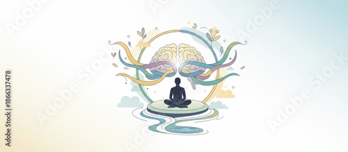 A serene illustration of a person meditating with flowing colors and elements symbolizing mindfulness and mental clarity.