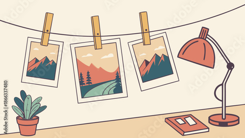 Clipart of a desk with a lamp, book, plant, and string of polaroid photos with mountain landscapes against a beige background.